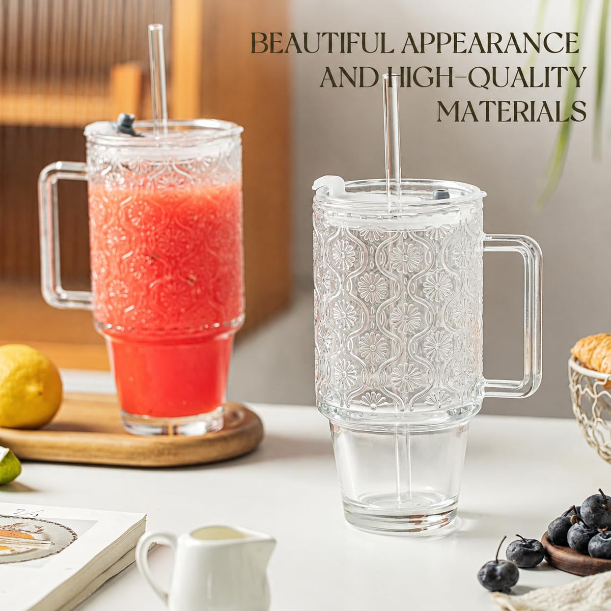 24 Oz Ribbed Glass Tumblers with Lids and Straws W44621