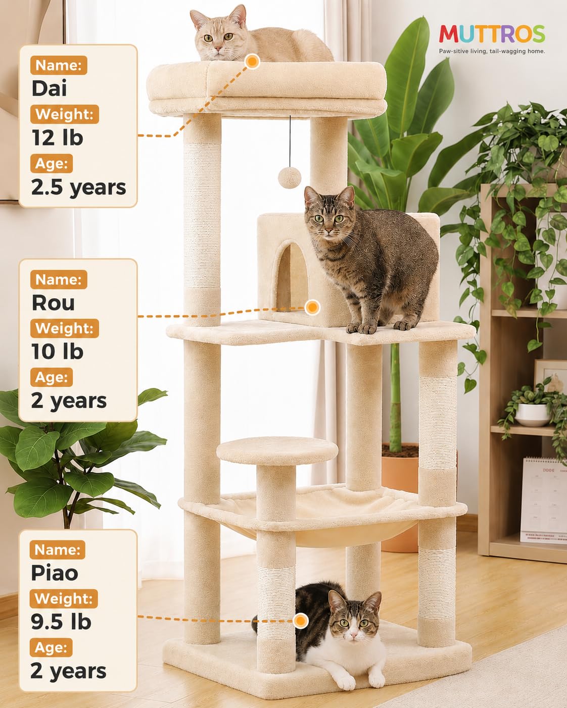 Beige 56.3" 6-Tier Cat Tree with Hammock and Condo V7869