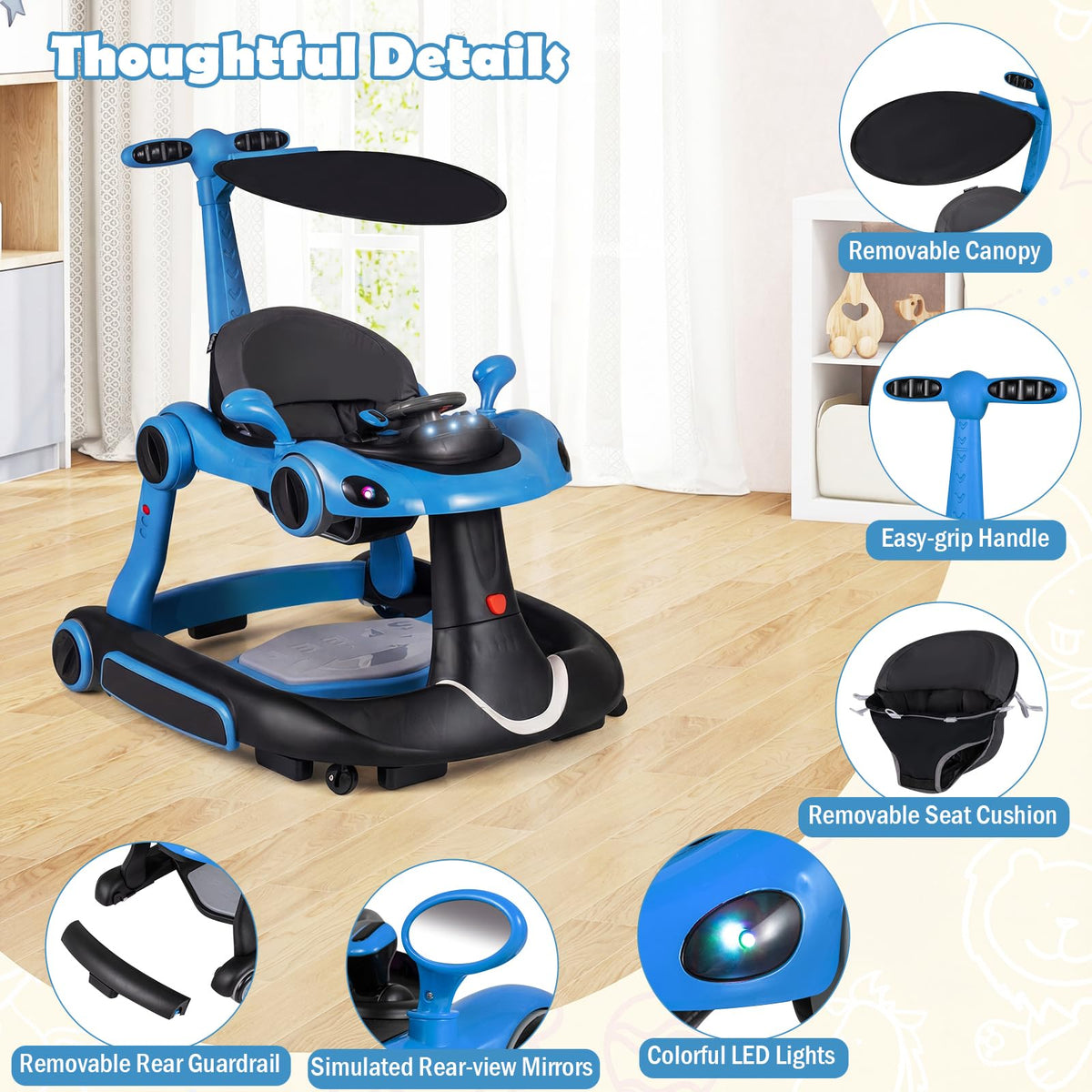 Foldable Baby Walker with Canopy and Wheels Q186