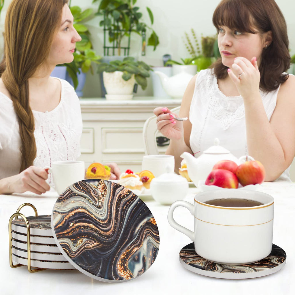 Black and Gold Marble Coasters with Holder X3861