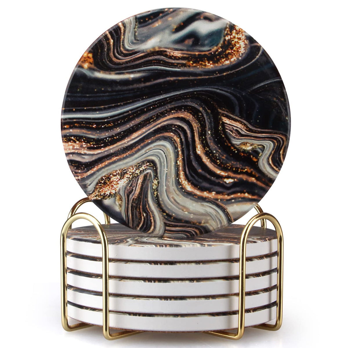Black and Gold Marble Coasters with Holder X3861