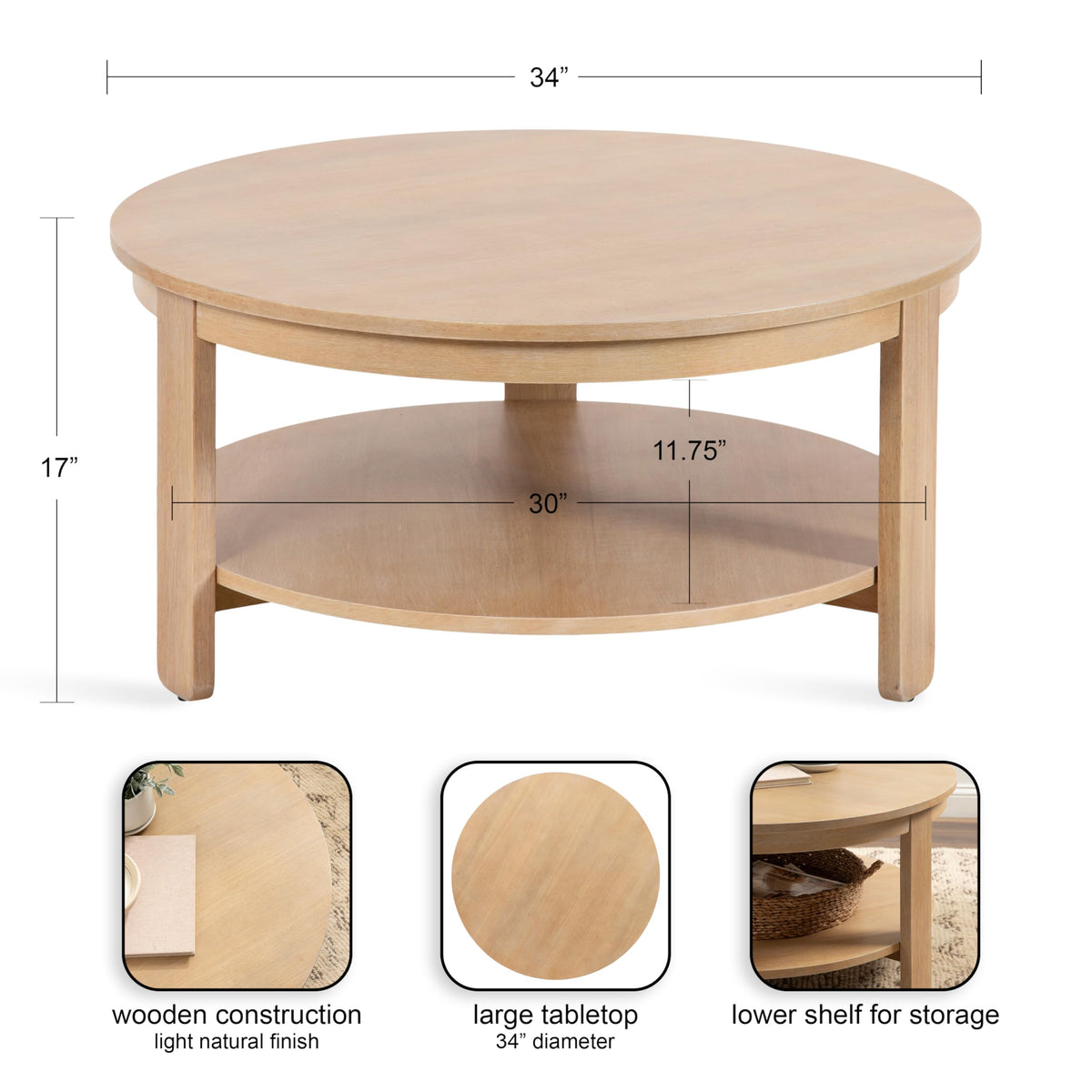 Round Two-Tier Wood Coffee Table with Storage O646236