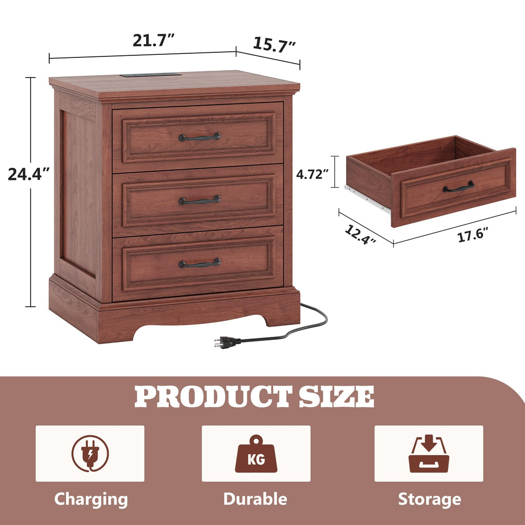 Cherry Brown 3 Drawer Nightstand with Charging Station B973