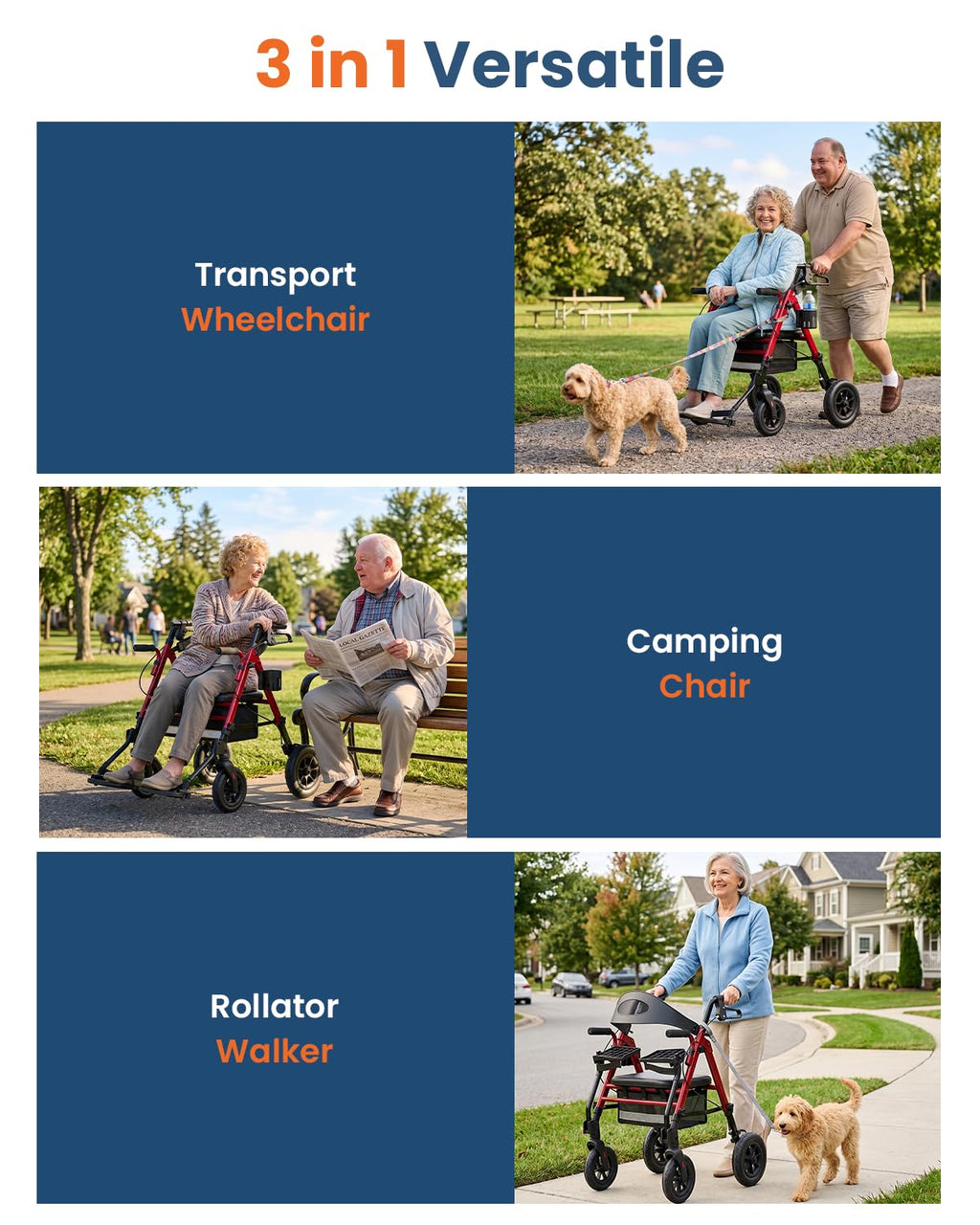 Lightweight Aluminum Folding Rollator & Transport Wheelchair with Seat T370273