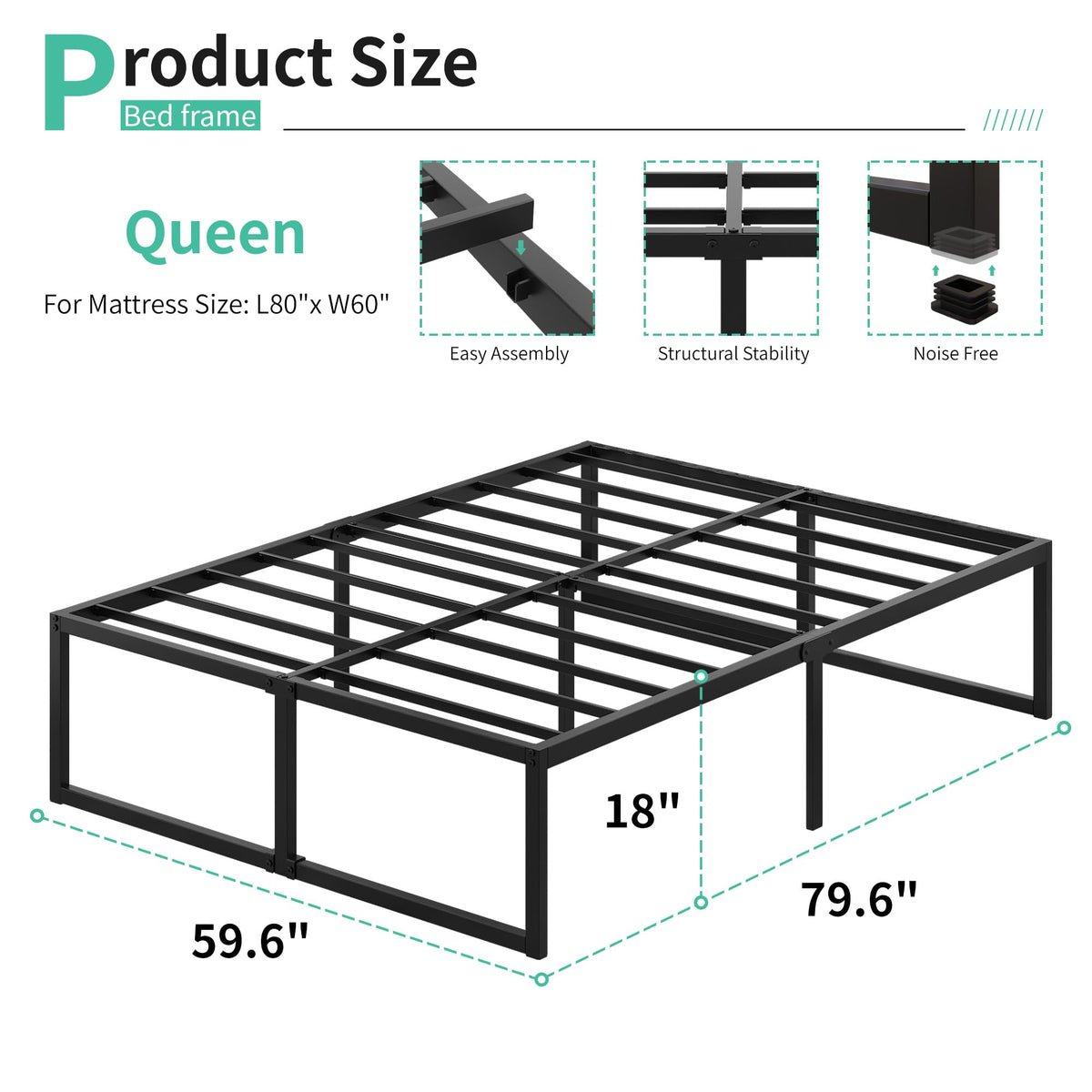 Queen Bed Frame 18 Inch with Steel Slat Support G667