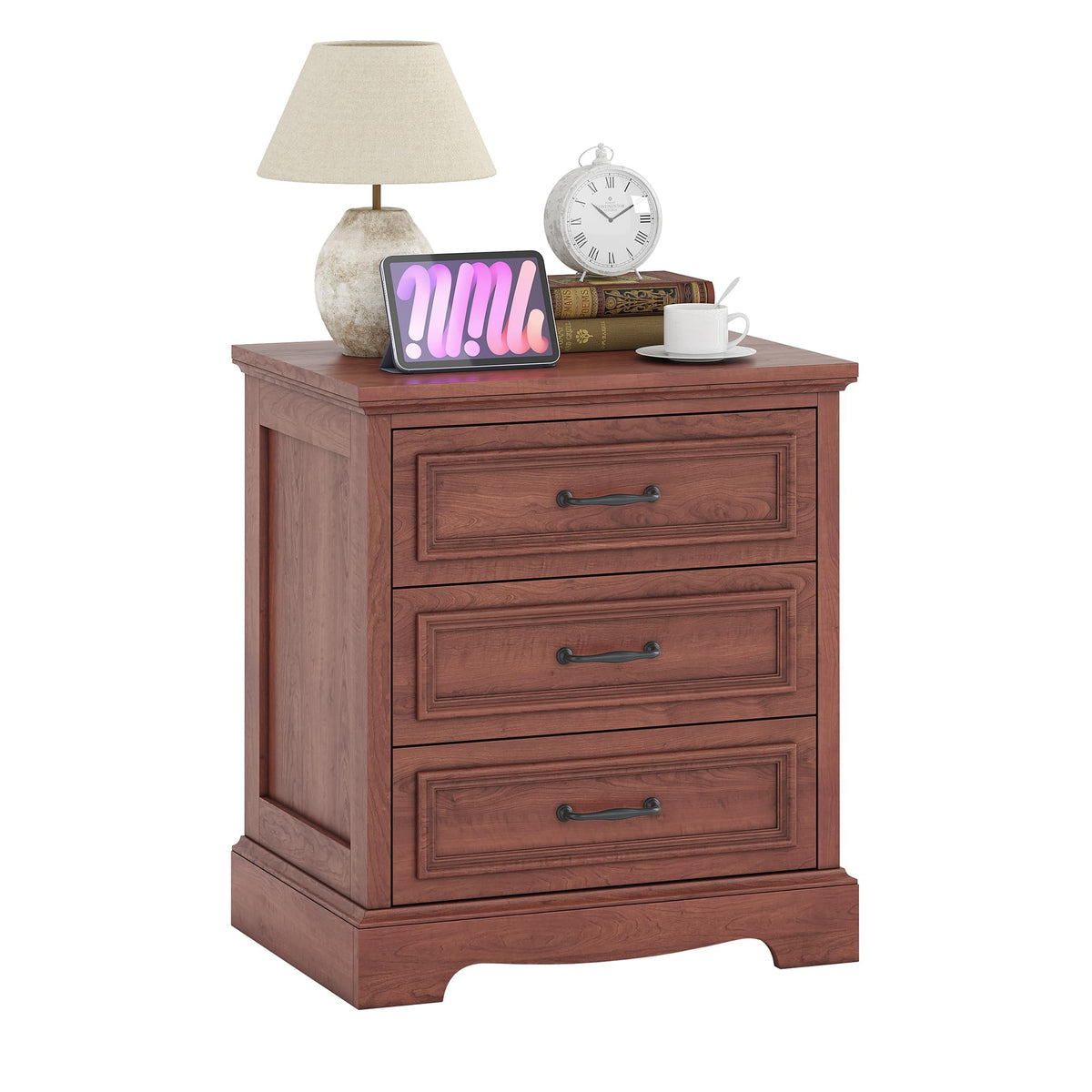 Cherry Brown 3 Drawer Nightstand with Charging Station B973