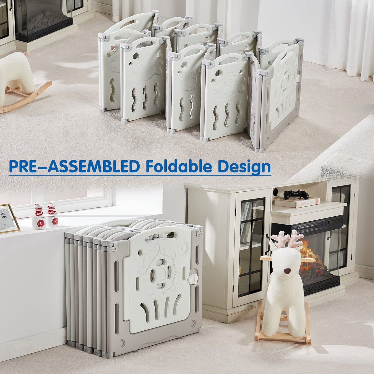 18 Panel Grey White Foldable Kids Playpen Safety Lock Gate J15412