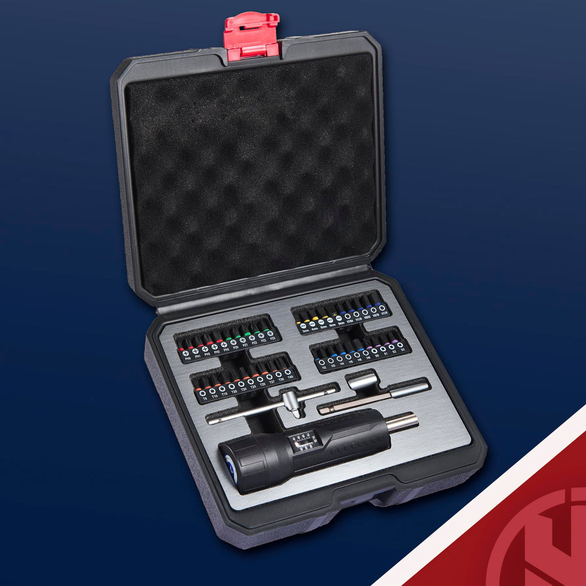 Torque Screwdriver Wrench Set 10-70 Inch Pounds with T-bar Handle, 40 Hex Bits, 1/4" Socket, Black T6905