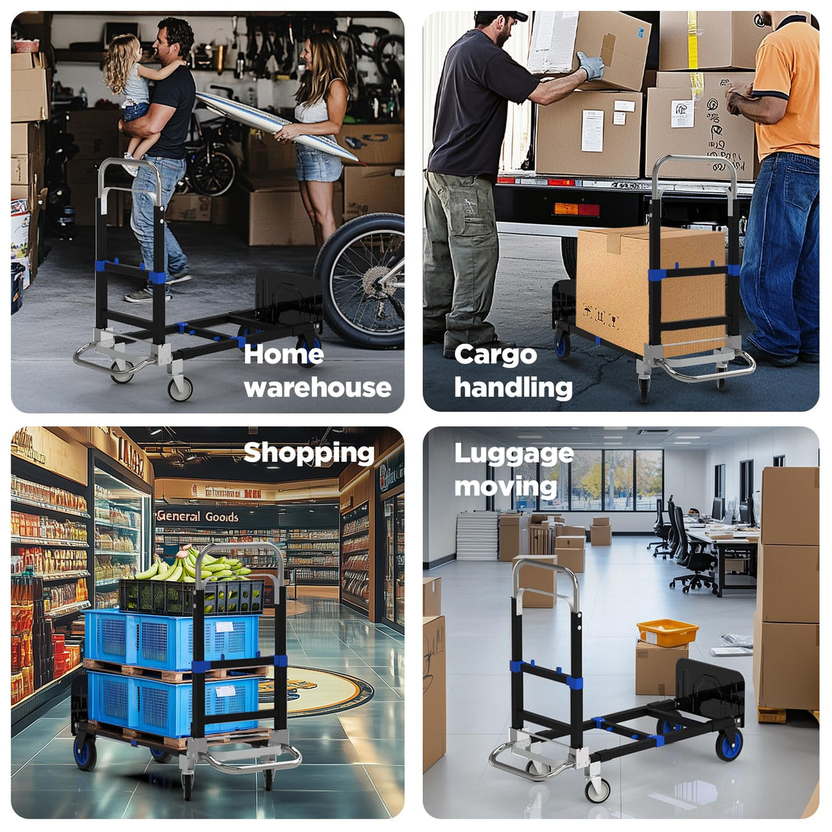 Black Convertible Hand Truck Dolly Cart with 4 Wheels, 500 Lbs Capacity R693905