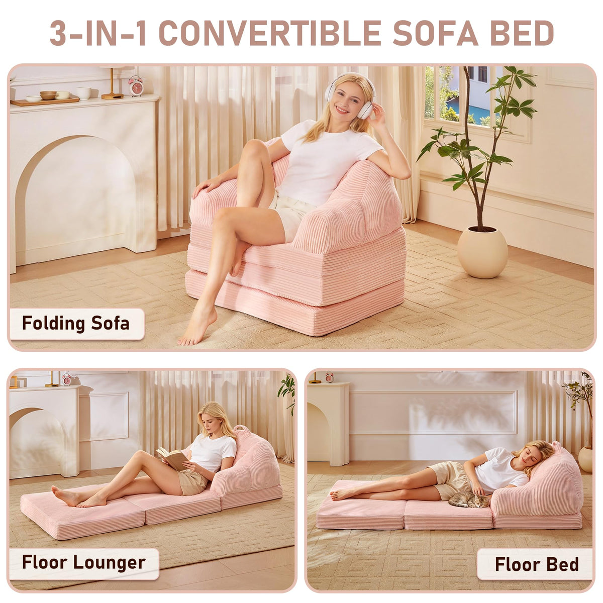 Pink 3-in-1 Convertible Folding Sofa Bed F239691