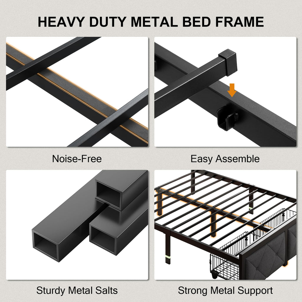 King Size Metal Platform Bed Frame with 2 Storage Drawers O7996