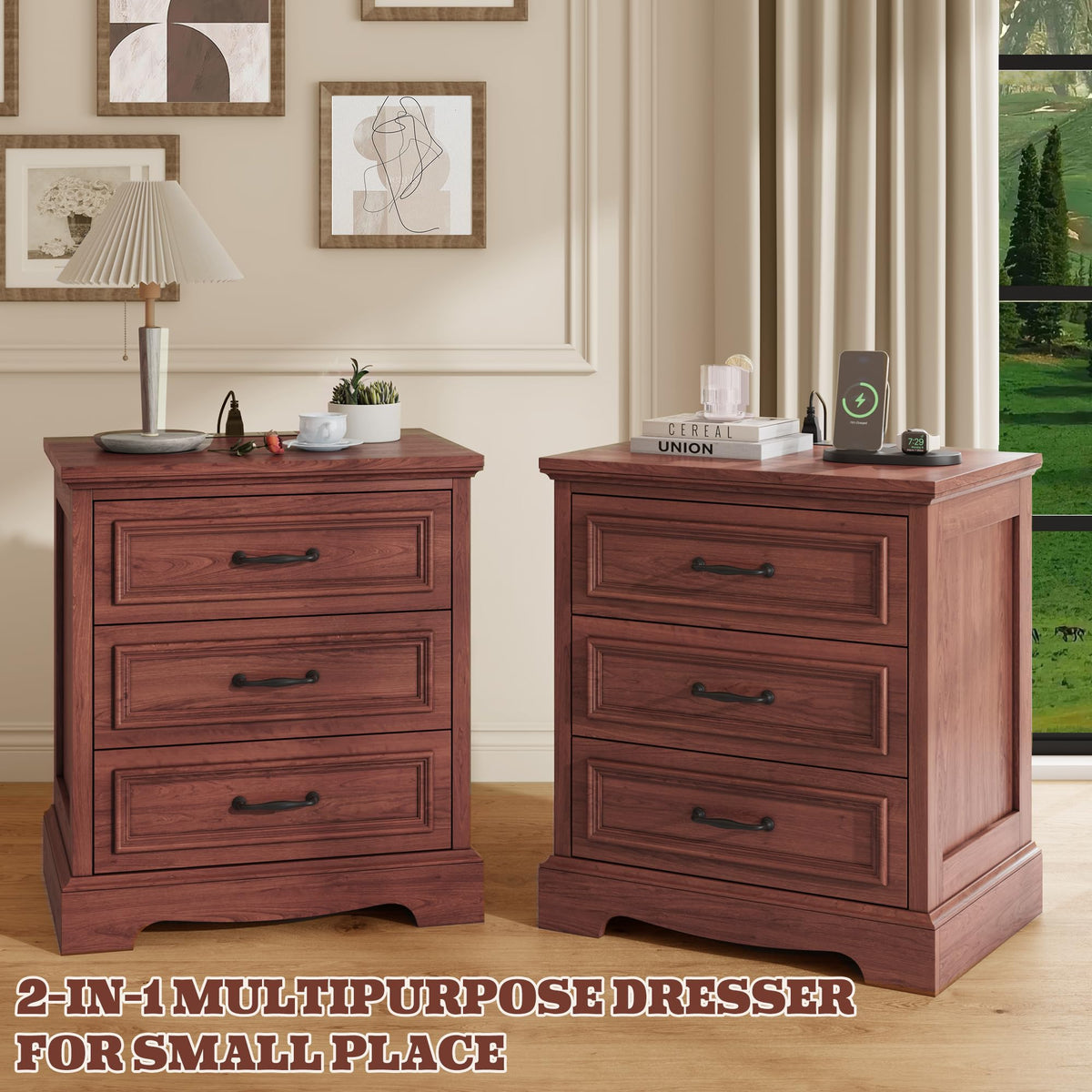 Cherry Brown 3 Drawer Nightstand with Charging Station B973