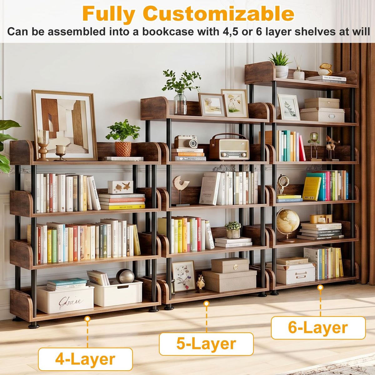 6-Tier Tall Open Bookshelf with Metal Frame F7946