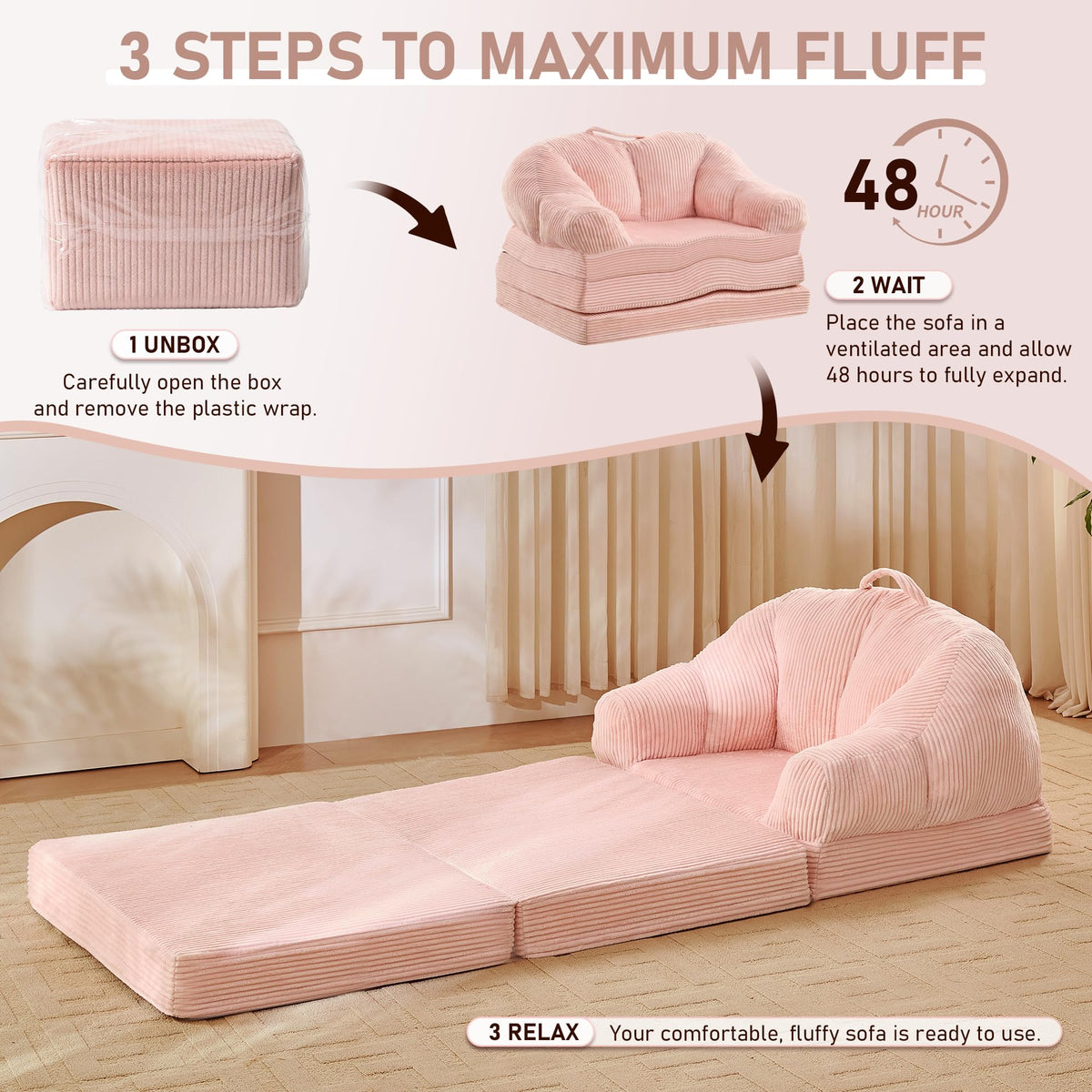 Pink 3-in-1 Convertible Folding Sofa Bed F239691