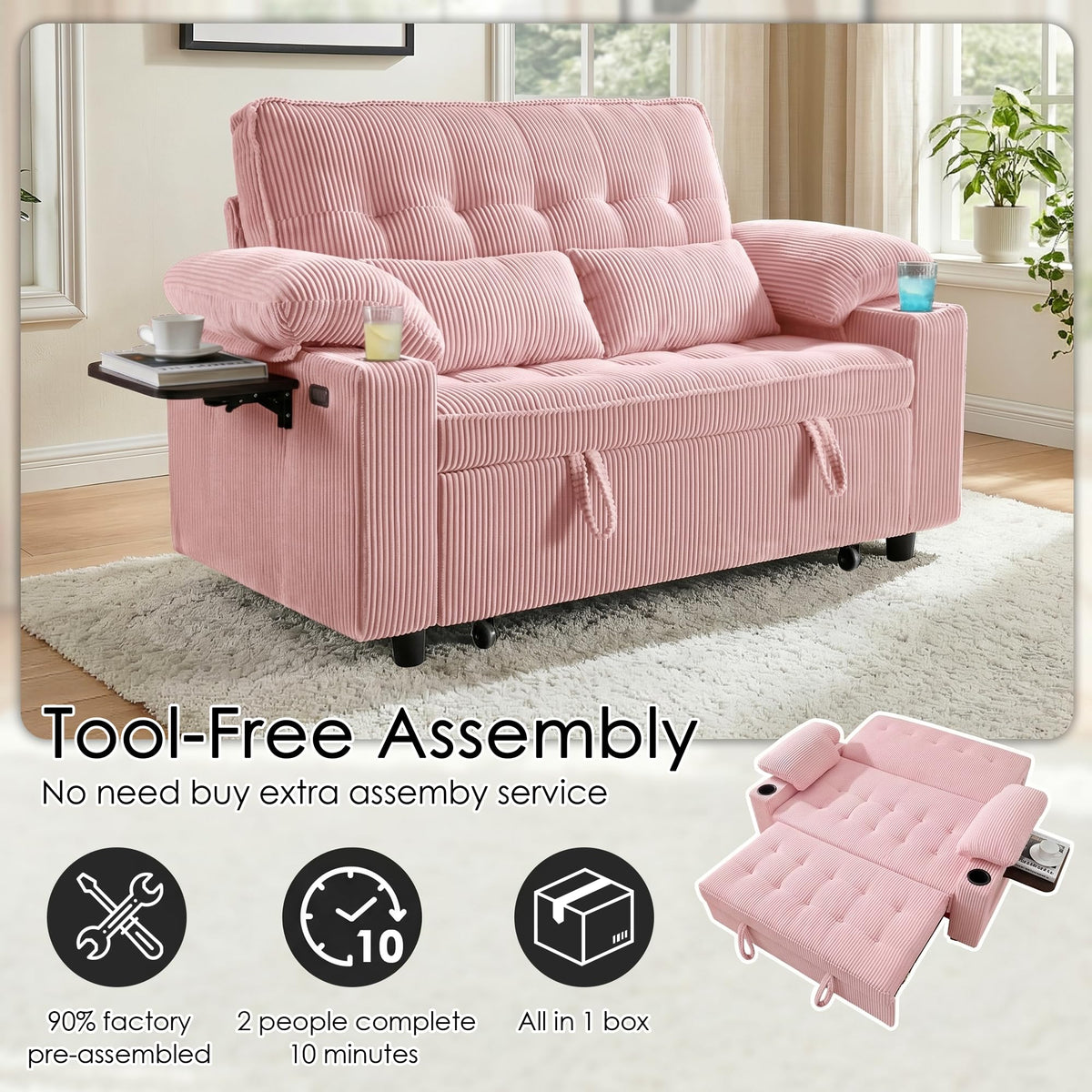 Pink Corduroy Full Size Sleeper Sofa Bed A67642