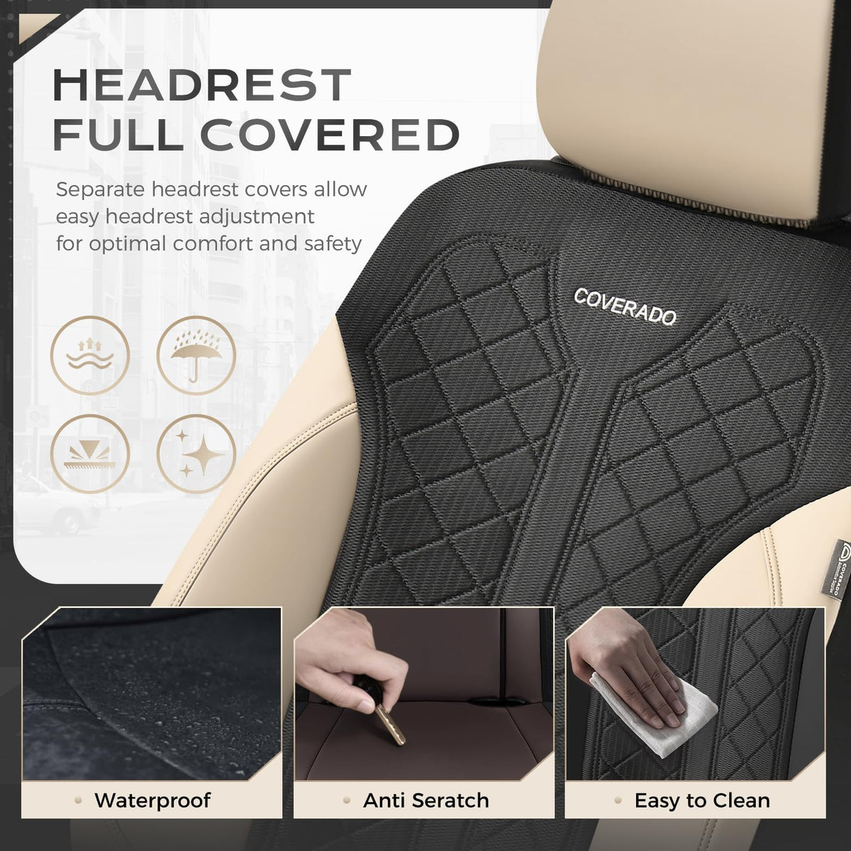Beige 5-Piece PU Leather Mesh Car Seat Covers R710325