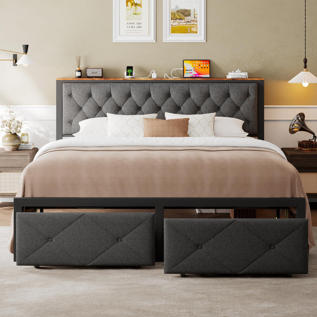 King Size Metal Platform Bed Frame with 2 Storage Drawers O7996