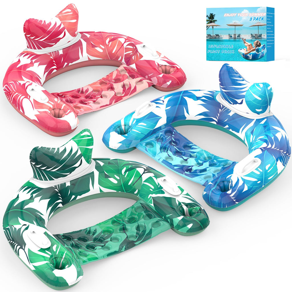 Inflatable Pool Float Chairs with Cupholders & Handles, 3 Pack G344