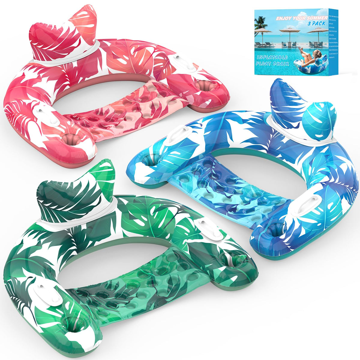 Inflatable Pool Float Chairs with Cupholders & Handles, 3 Pack G344