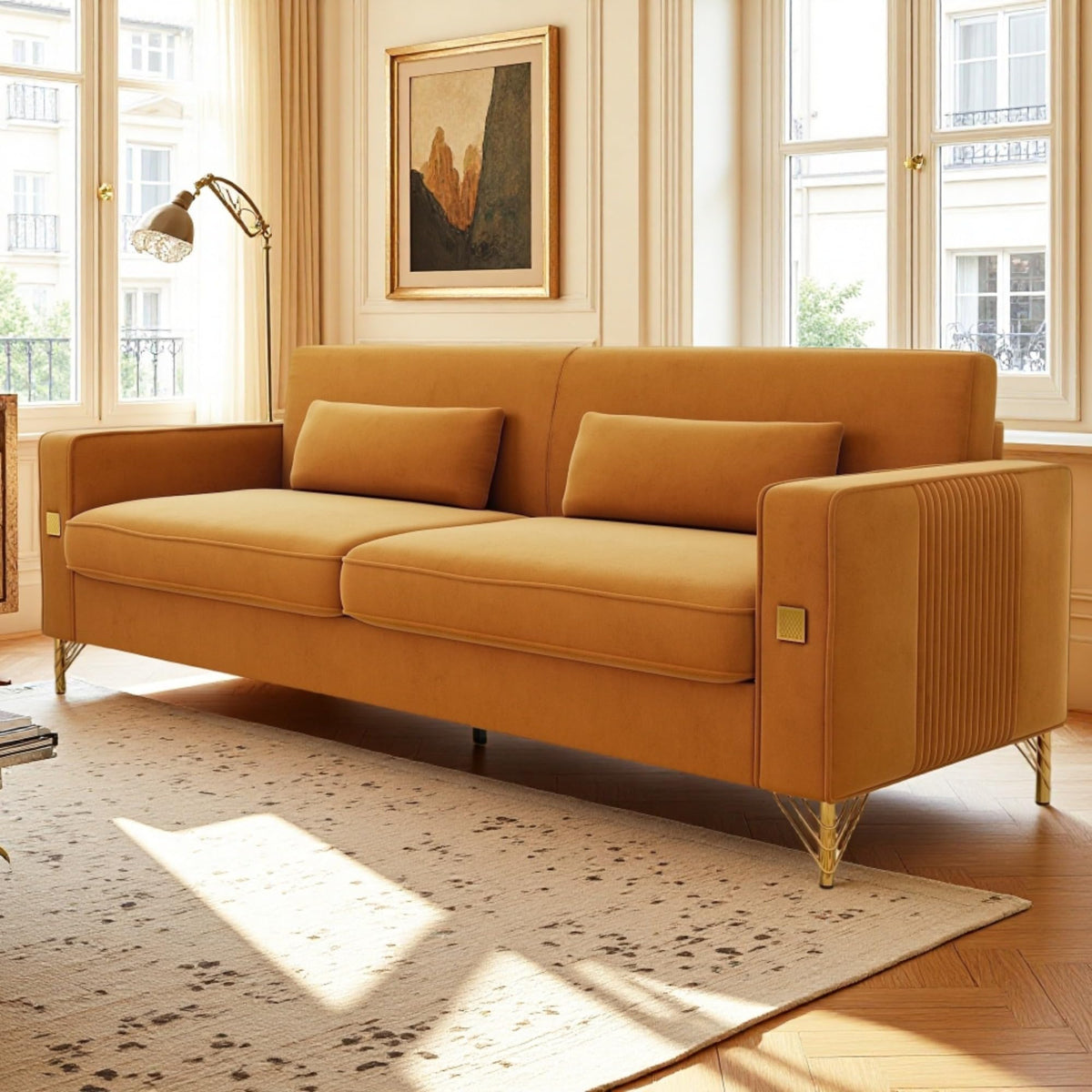 Orange Velvet Three-Seater Sofa with Metal Legs X4248