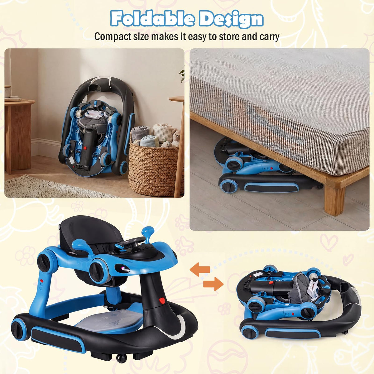Foldable Baby Walker with Canopy and Wheels Q186