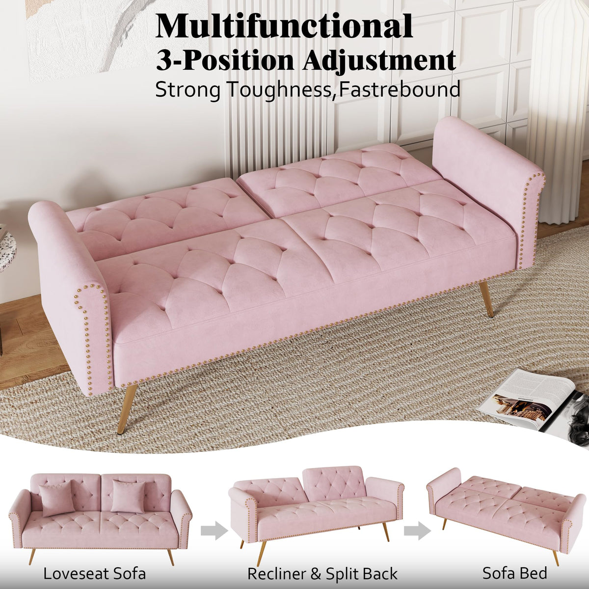 Pink Velvet Futon Sofa Bed E716217
