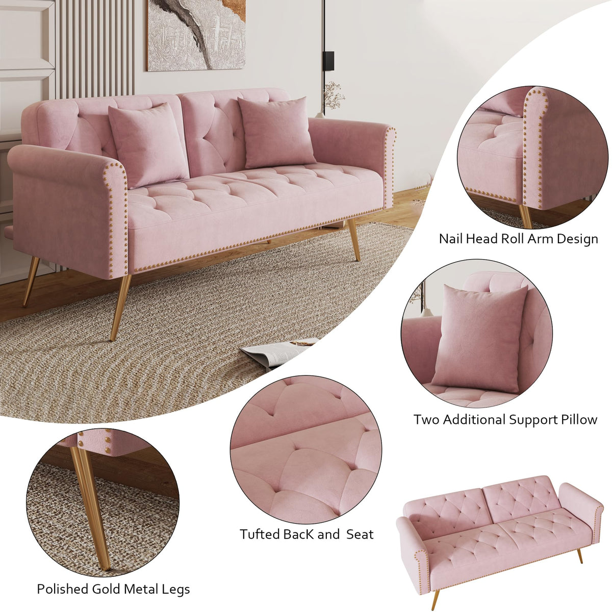 Pink Velvet Futon Sofa Bed E716217
