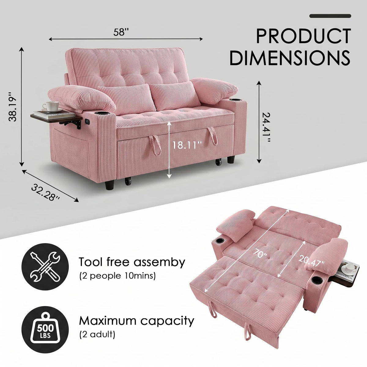 Pink Corduroy Full Size Sleeper Sofa Bed A67642