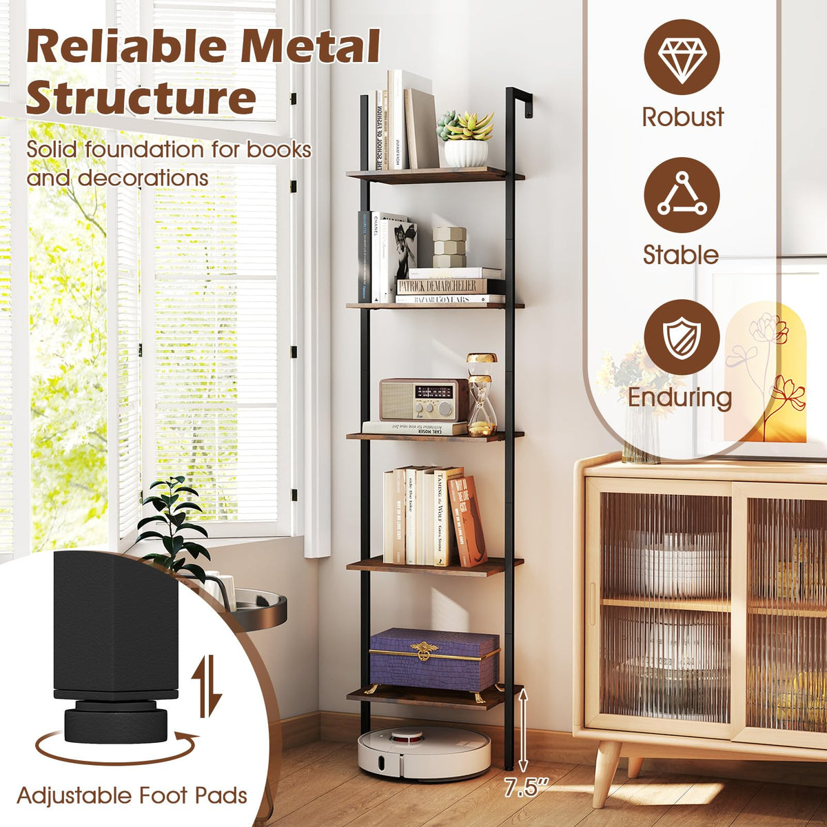 5 Tier Wall Mount Ladder Shelf with Metal Frame Y622315