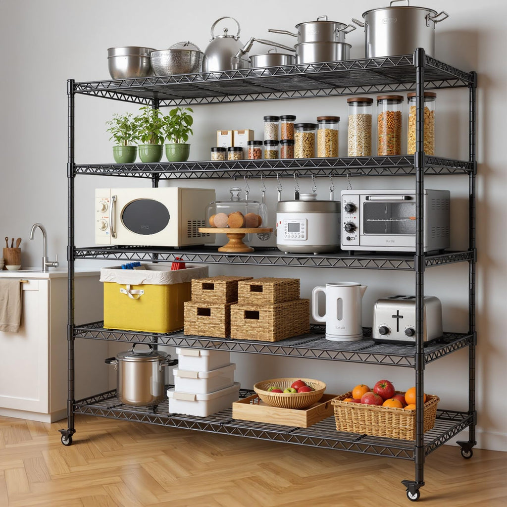 46”W 5 Tier Metal Wire Shelving with Wheels U91275
