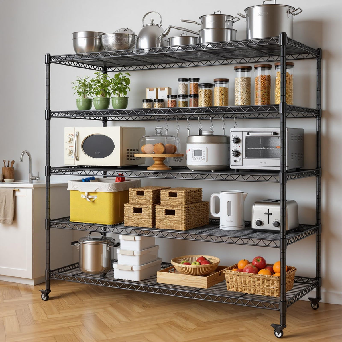46”W 5 Tier Metal Wire Shelving with Wheels U91275