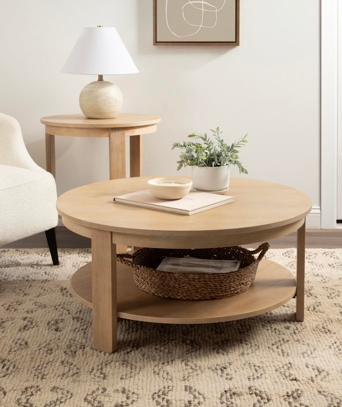 Round Two-Tier Wood Coffee Table with Storage O646236