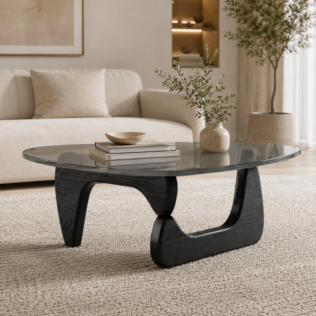 Glass Coffee Table with Wood Grain Base N951