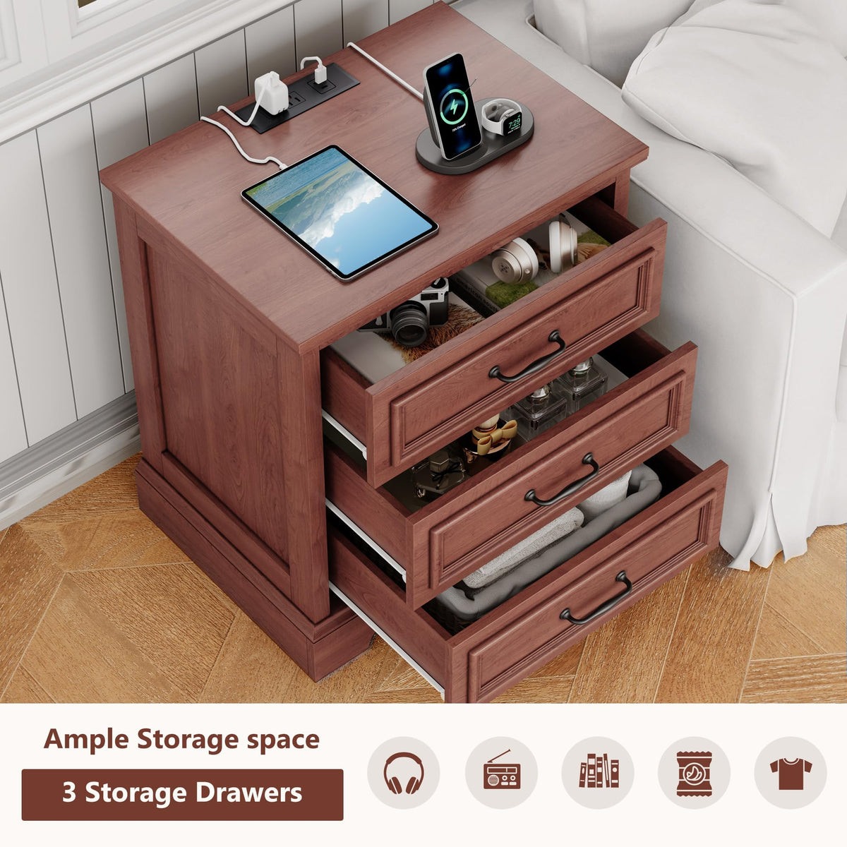 Cherry Brown 3 Drawer Nightstand with Charging Station B973