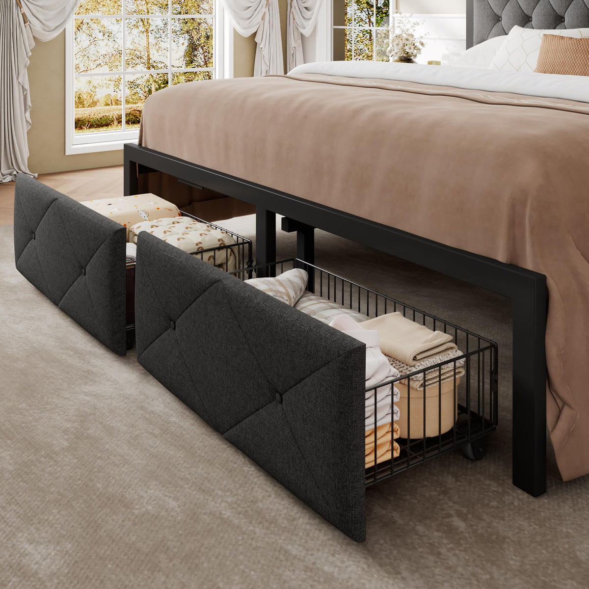 King Size Metal Platform Bed Frame with 2 Storage Drawers O7996