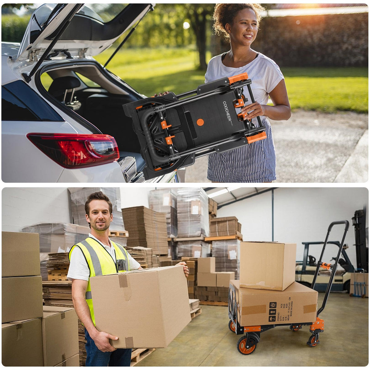 Folding Hand Truck Dolly, 330lb 4 to 2 Wheel Moving Cart, Orange F1314