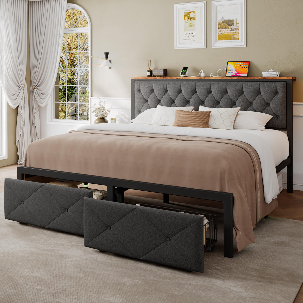 King Size Metal Platform Bed Frame with 2 Storage Drawers O7996