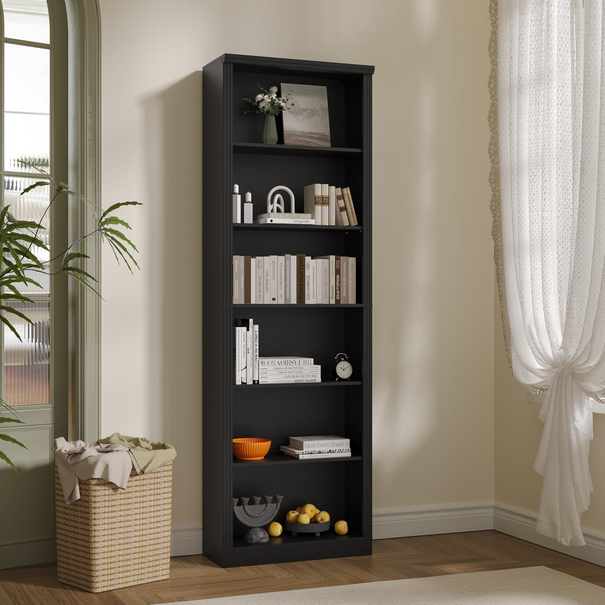 Black 75" Tall 6 Tier Adjustable Bookshelf N99858