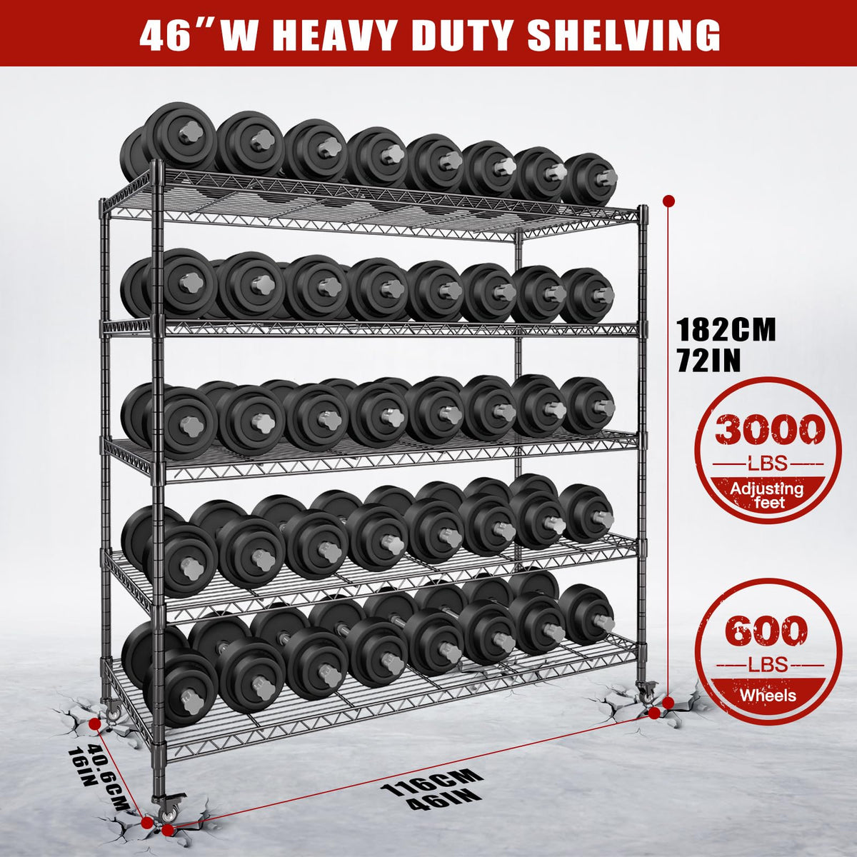 46”W 5 Tier Metal Wire Shelving with Wheels U91275