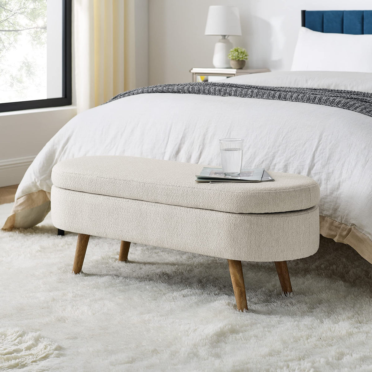 43.5" L Upholstered Linen Storage Ottoman Bench with Rubber Wood Legs E5689