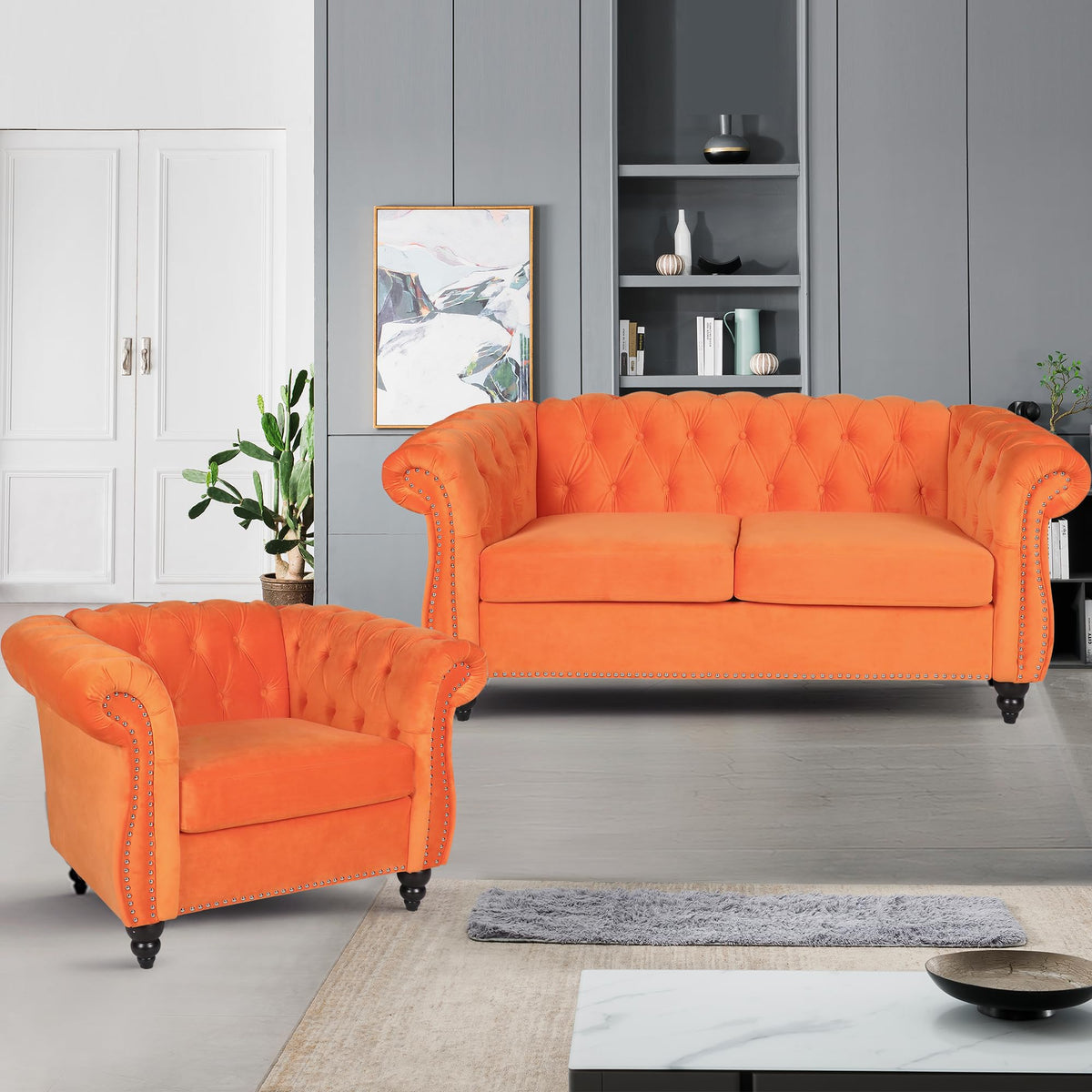 Orange Velvet Upholstered Accent Sofa Chair M912