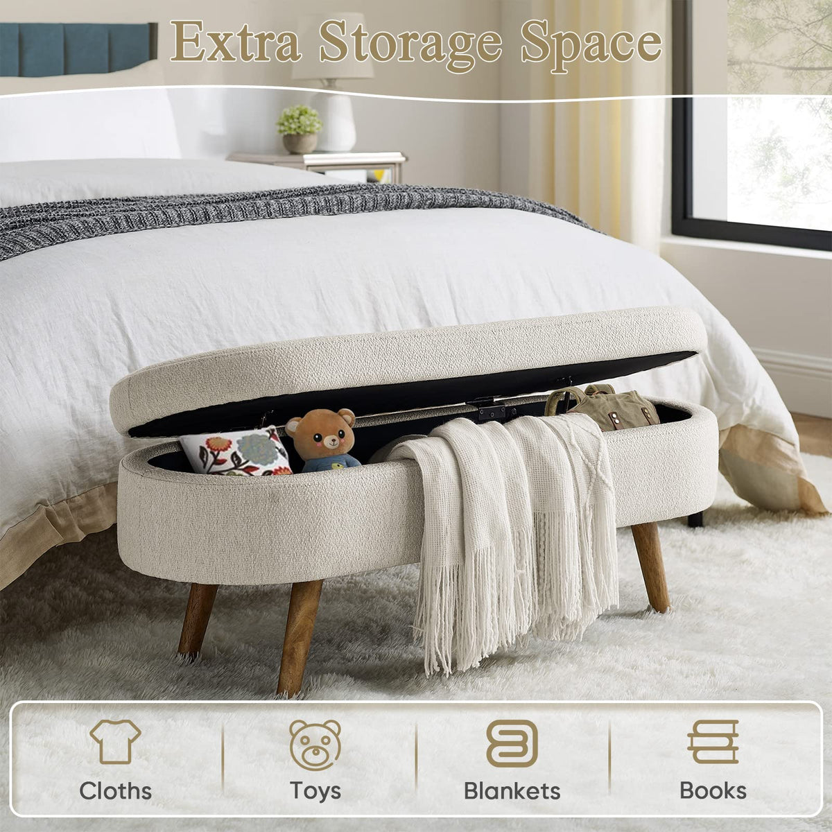 43.5" L Upholstered Linen Storage Ottoman Bench with Rubber Wood Legs E5689