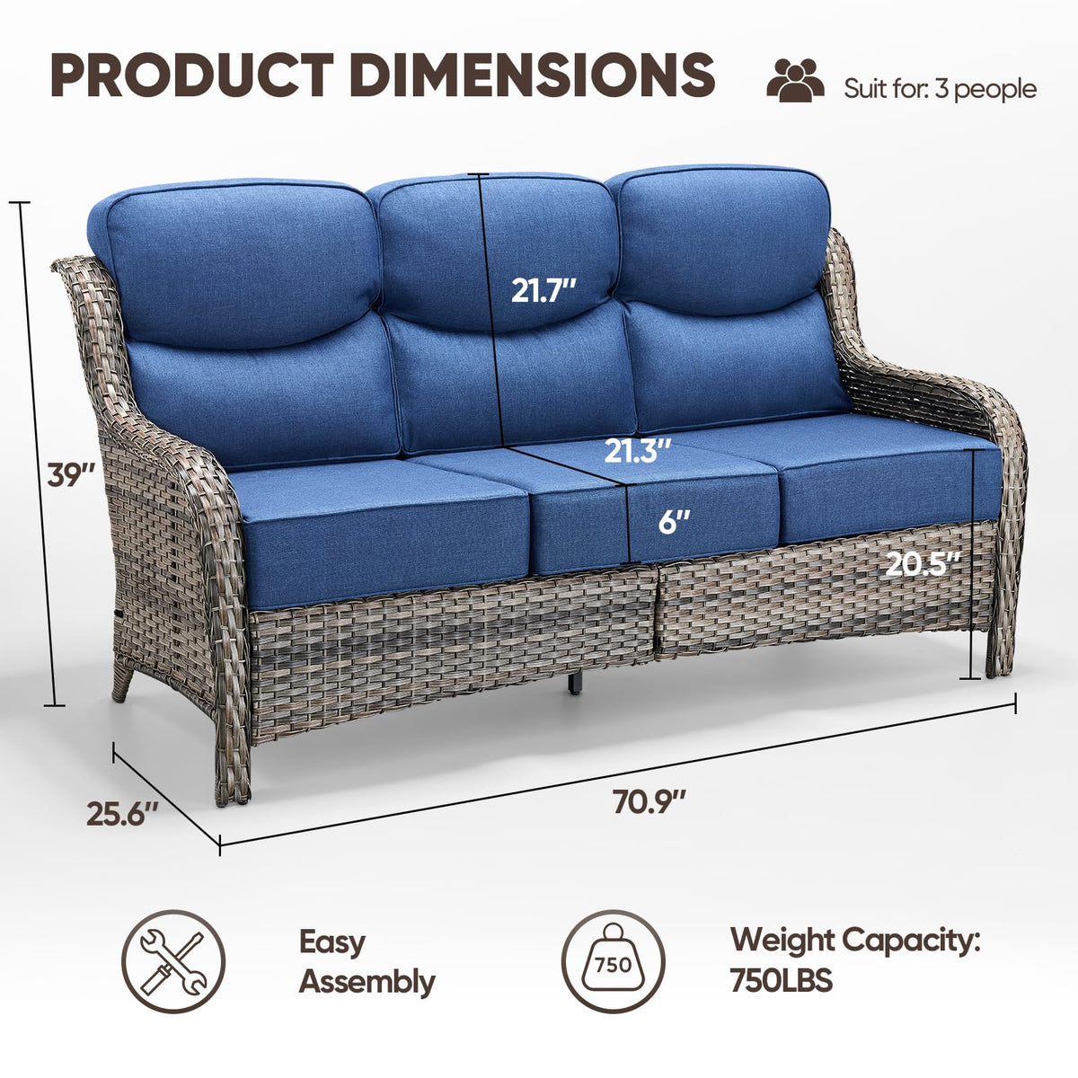 Grey Wicker 3-Seat Outdoor Sofa with Cushion A469807