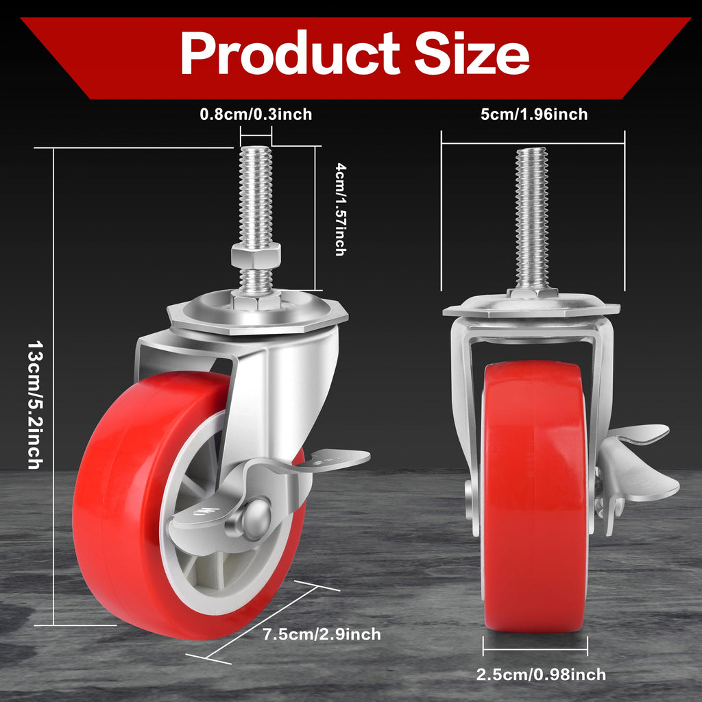 3 Inch Heavy Duty Stem Casters Swivel Wheels with Brake, Set of 4 T275