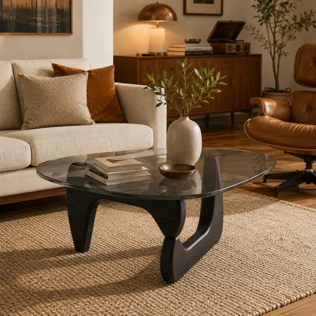 Glass Coffee Table with Wood Grain Base N951