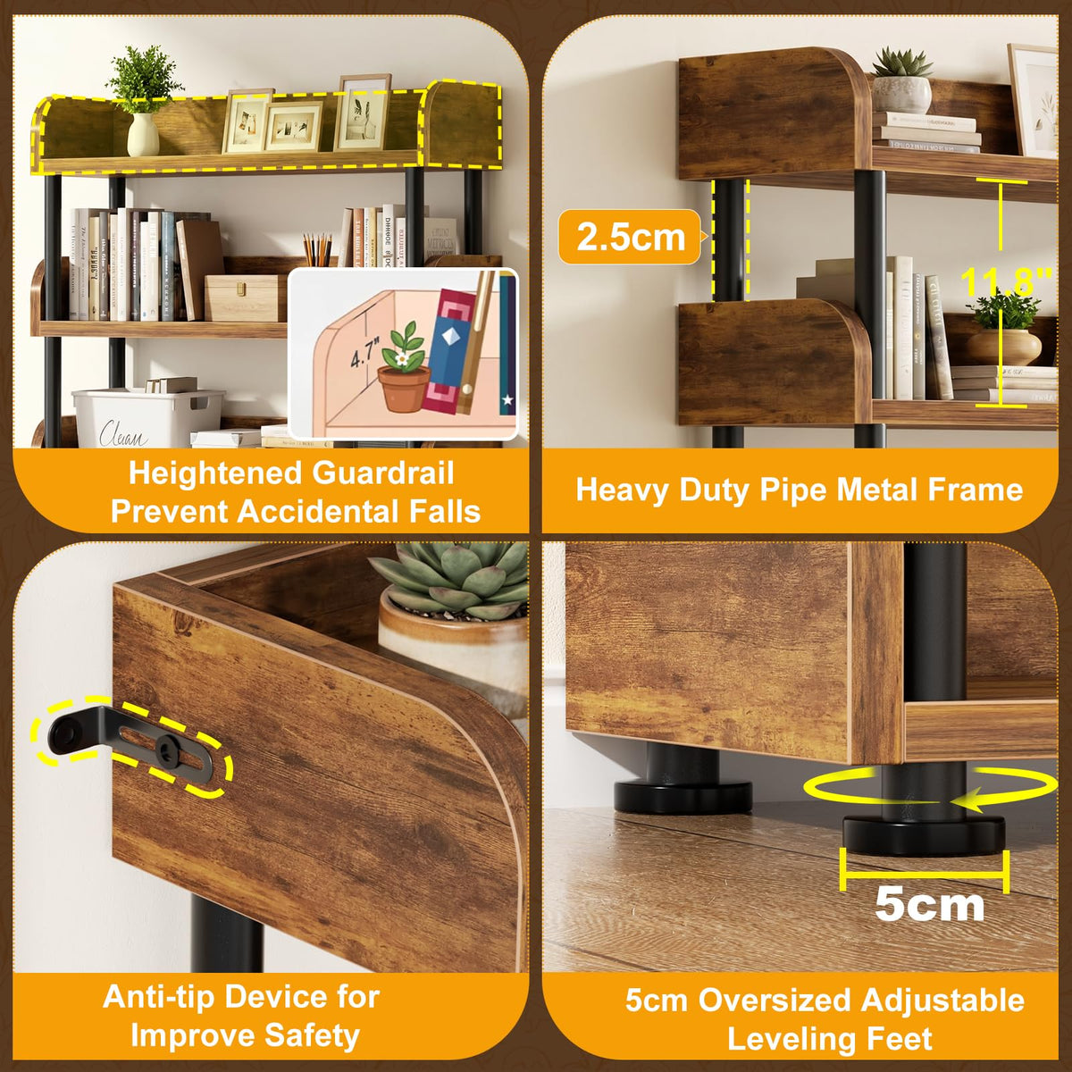 6-Tier Tall Open Bookshelf with Metal Frame F7946