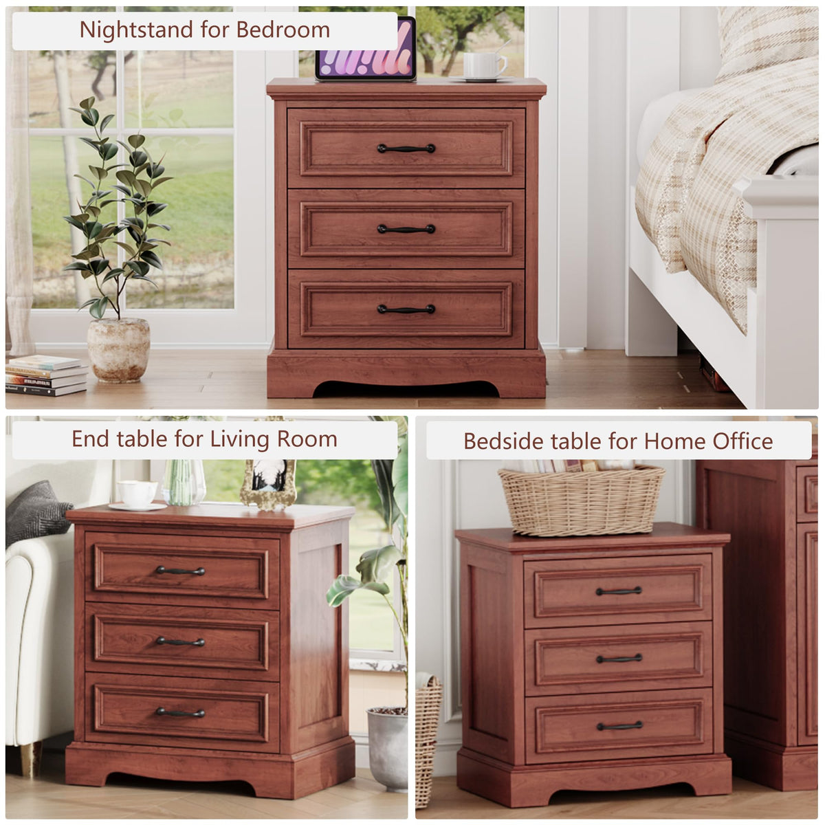 Cherry Brown 3 Drawer Nightstand with Charging Station B973
