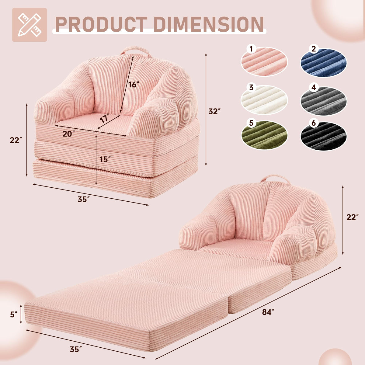 Pink 3-in-1 Convertible Folding Sofa Bed F239691