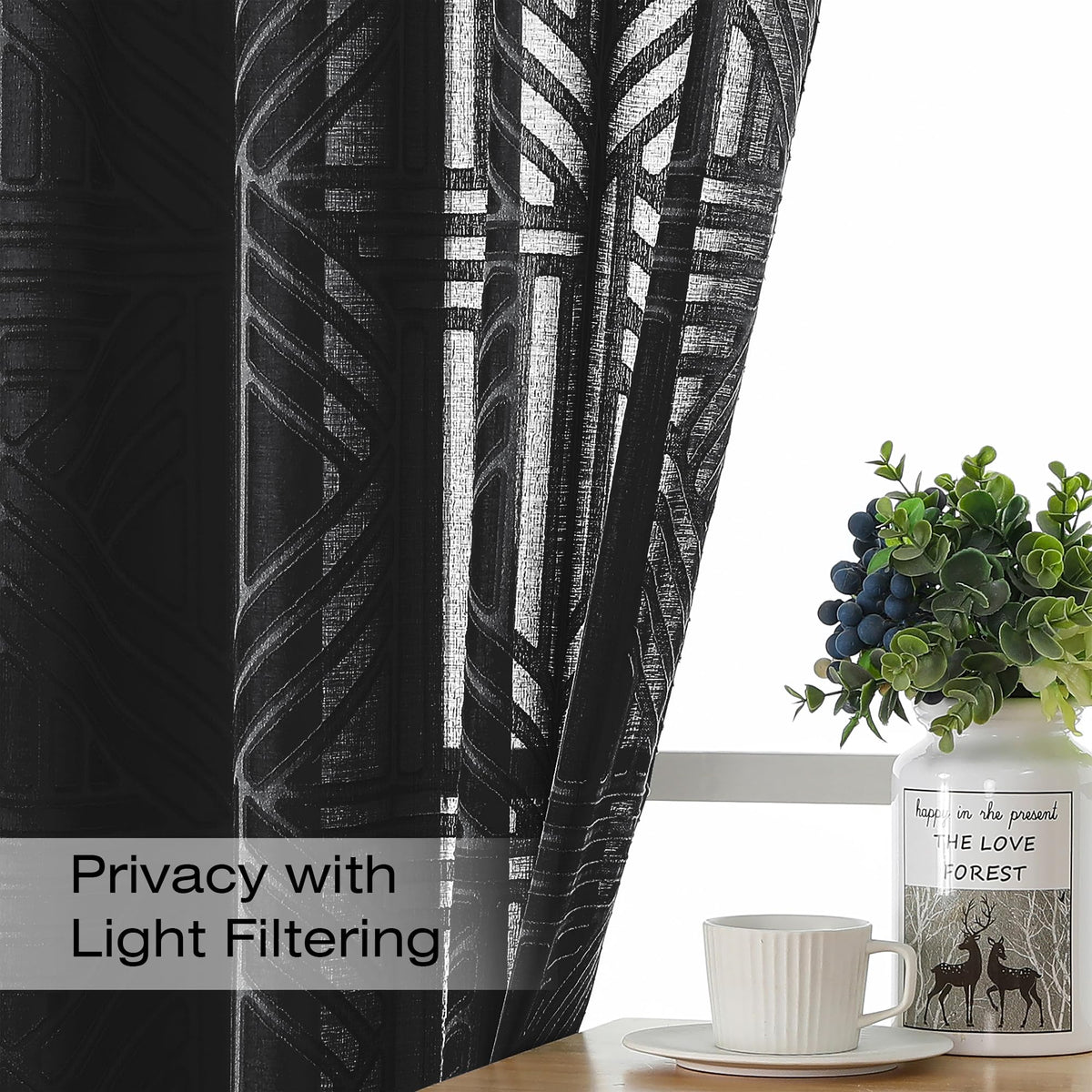 Black 72 Inch 2 Panels Geometric Jacquard Semi Sheer Curtains U6014