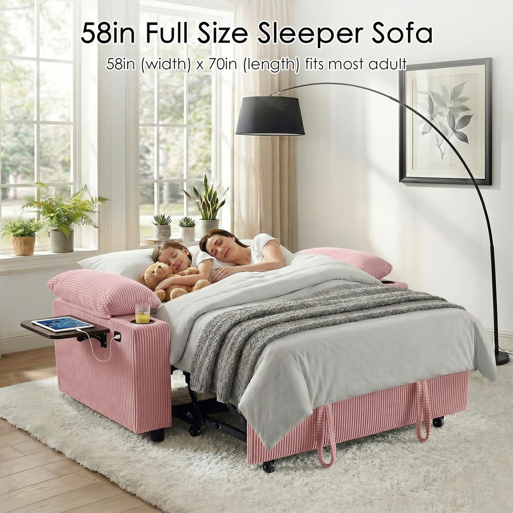 Pink Corduroy Full Size Sleeper Sofa Bed A67642